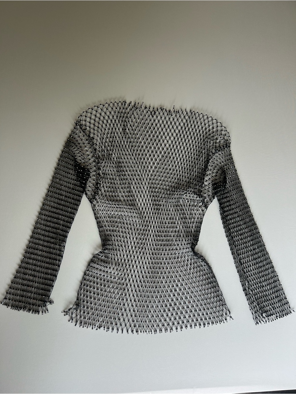 Black Textured Stretch Mesh Long Sleeve Top Y2K Avant Garde Sheer Blouse